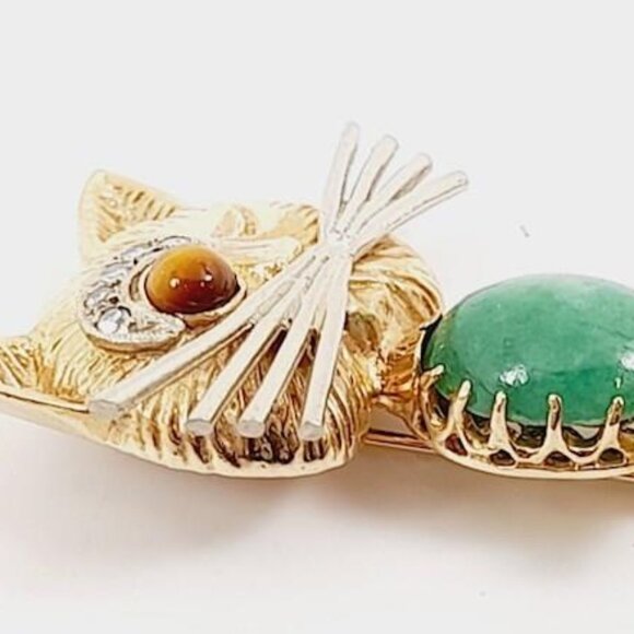 Vintage 14K Gold Winking Cat Pendant Brooch with Gemstones - Picture 13 of 14